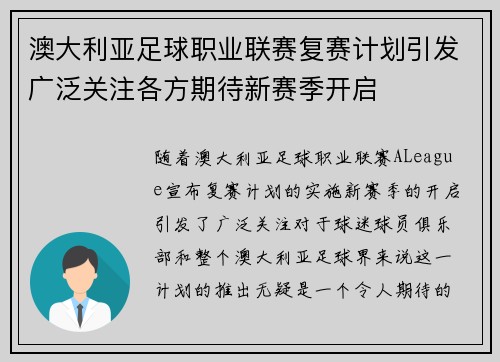 澳大利亚足球职业联赛复赛计划引发广泛关注各方期待新赛季开启